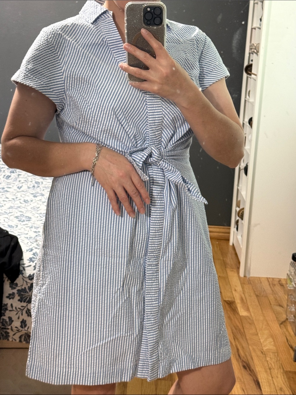 Striped Button-Front Tie-Waist Shirt Dress - Blue & White